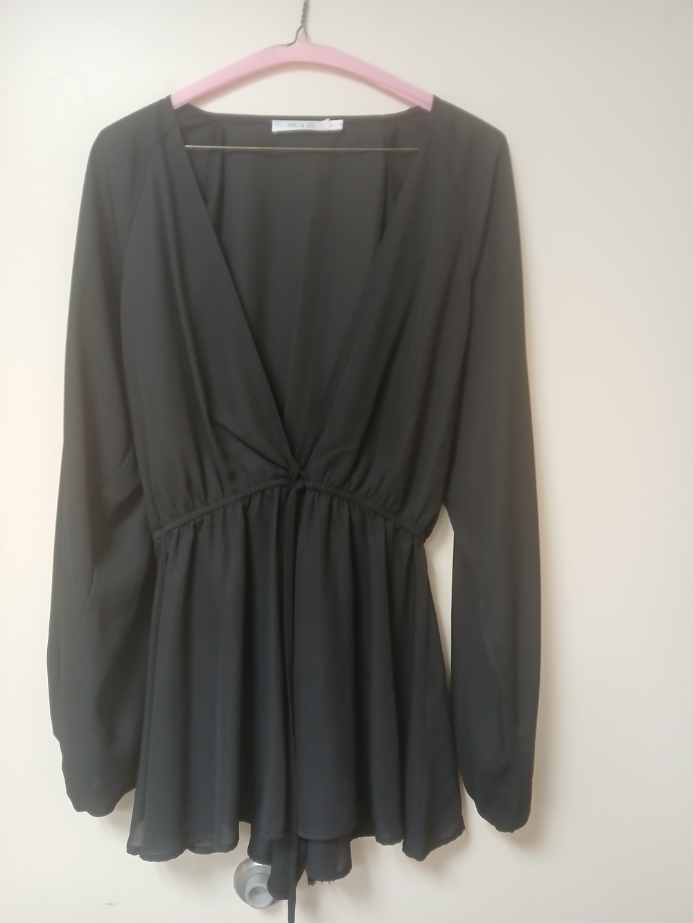 Nic & Jo Sheer Black Long-Sleeve V-Neck Tie-Waist Dress
